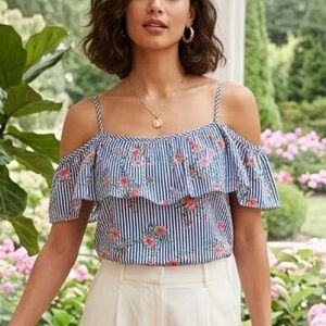 Sandra Venditti Italy Milan Floral Nautical Striped Cold Shoulder Top Roses Chic